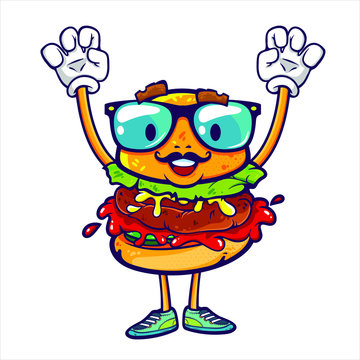 Cute and funny character of hamburger with hand and legs, eyeglasses, mustache and face, vector cartoon illustration isolated on white background, can be used for some print on clothes or poster