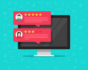Customer review rating messages on computer and vector, flat cartoon of desktop pc display and online reviews or client testimonials, experience or feedback, rating stars, survey comments - obrazy, fototapety, plakaty
