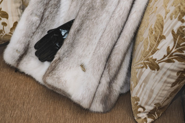 Fototapeta na wymiar Winter coat made of mink is light and female gloves.