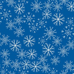Seamless pattern with abstract snowflakes on blue background. Chaotic, random, scattered winter motives. Vector illustration.