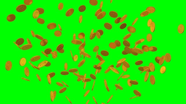 Animated exploding or bursting toward camera gold coins, bit coins or digital currency against green background and in slow motion.