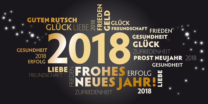 Neujahrsgrüße 2018 mit schwarzem Hintergrund und goldener Schrift - gute wünsche für das neue Jahr