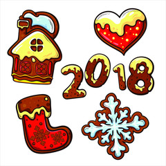 Cute and beautiful line art set of cookies for New Year and Christmas holidays, vector illustration isolated on white background, cartoon vector sketch and line art, colorful set