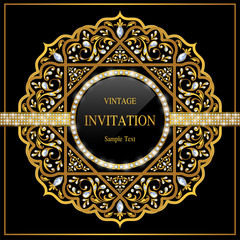 Wedding Invitation card templates with gold patterned and crystals on background color. 