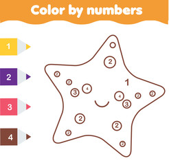 Children educational game. Coloring page with cute sarfish. Color by numbers, printable activity