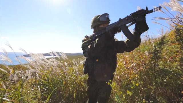 Soldier patrolling. Military forces. Fields and sea on background