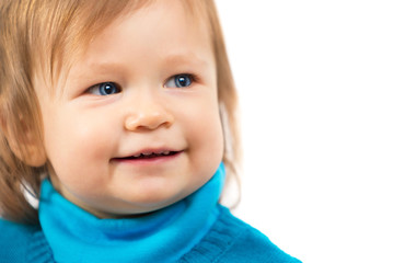 Portrait of a beautiful little smiling girl. Child's face
 face closeup on a white background