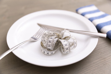 Plate with measuring tape, fork and knife. Dieting concept