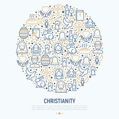 Christianity concept in circle with thin line icons of priest, church, nun, crucifixion, Jesus, bible, dove. Vector illustration for banner, web page, print media.