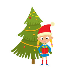 Girl in red hat and christmas tree with balls, garlands.