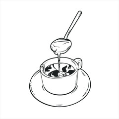 hand drawn a cup and spoon with hot chocolate, vector monochrome line art illustration isolated on white background