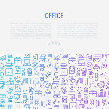 Office concept with thin line icons of manager, coffee machine, chair, career growth, e-mail, folders, watercooler, lamp. Vector illustration for banner, web page, print media.