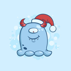 Vector color illustration of cartoon one eyed monster in santa claus hat on snowy background. Object image to create original web games or Christmas card
