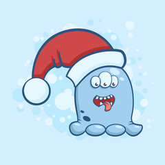 Vector color illustration of cartoon three eyed monster in a Santa Claus hat on snowy background. Object image to create original web games or Christmas card