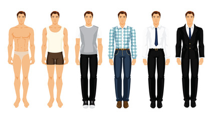 Vector illustration of young men in different clothes on white background