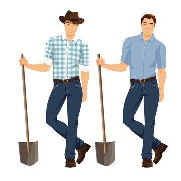 Vector illustration of farmer with shovel isolated on white background. Young man in blue jeans, shirt and hat.