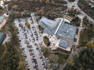 aerial view of concert hall and it's parking place in middle east technical university in autumn