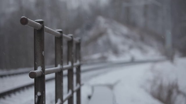 Train passing in snow fall