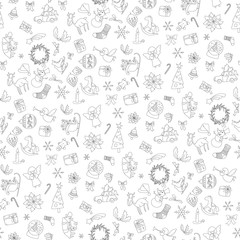Christmas seamless pattern with gift box, xmas tree, deer, snowman, gingerbread cookie, candle, bell, poinsettia, sleigh, wreath and other. Black line contour on white background