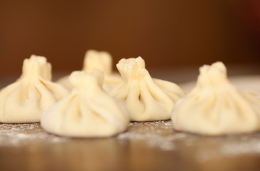 Khinkali is the national dish of Georgian cuisine. Products meat and dough with spices. Selective focus