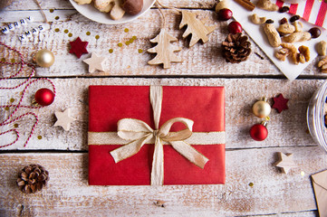 Christmas composition on a wooden background.