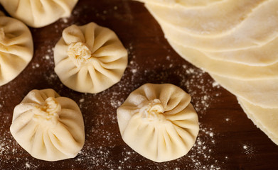 Khinkali is the national dish of Georgian cuisine. Products meat and dough with spices. Selective focus