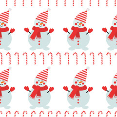 Snowman with candy cane seamless pattern on white background. Vector holidays illustration for new year and Christmas. Cartoon style. Design for fabric, textile, wallpaper and decor.