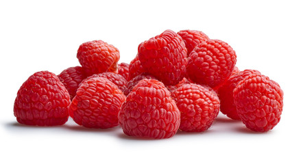 Lot of organic raspberries on white
