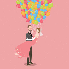 honeymoon wedding couple with baloon fly all around fun romance illustration