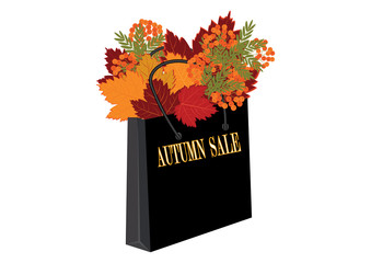 Bouquet of leaves with rowan in a paper bag - Autumn sale - isolated on white background - art vector