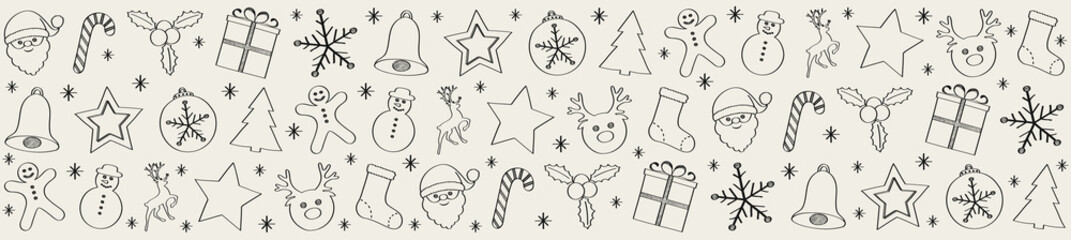 Panoramic header made of hand drawn Christmas ornaments. Vector.