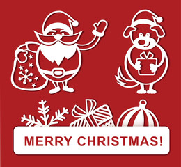 White simple Christmas drawings on red background. Merry Christmas banner. Santa, Christmas dog, snowflake, gift and christmas ball. May use it for plotter, laser cutting