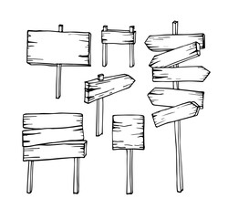 Vector Set of hand draw Wooden signboards arrow sign empty signboard