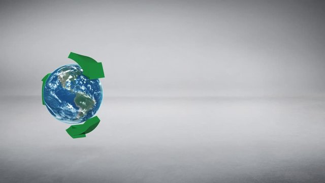 Earth recycle animation on studio background with green arrows spinning around it in loop and area for your content - go green concept