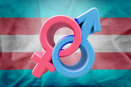 Sex Symbol in colors of transegender on blue and pink background. Idea and leadership concep. 3d illustration.