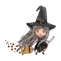 cute witch flying with broom colorful and trace of stars in colored crayon silhouette