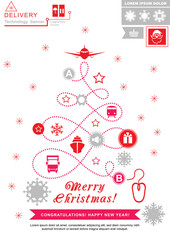 Fototapeta na wymiar Pathway in the shape of christmas tree. Red grey christmas logistics icons on the white background. Technology background. Icon of Santa Claus. 