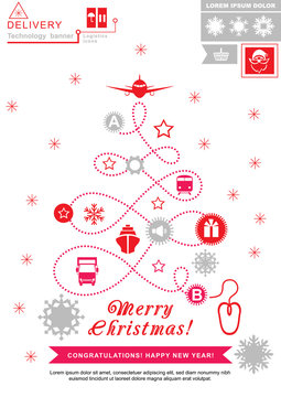  Pathway in the shape of christmas tree. Red grey christmas logistics icons on the white background. Technology background. Icon of Santa Claus. 