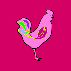 Яркий розовый силуэт петуха в профиль с разноцветными перьями, стоящий на одной ноге. Яркий розовый фон.