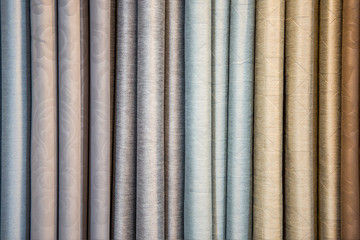 Colorful luxurious curtain samples display in a retail store