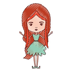 girly fairy without wings and redhead in green dress in colored crayon silhouette