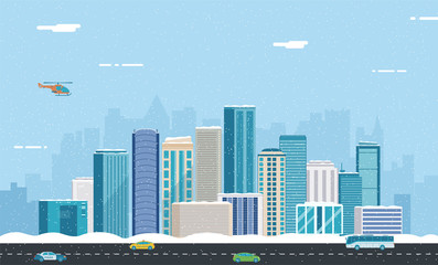 Obraz premium Snowy urban landscape. Winter City. Building architecture, cityscape town. City with snowflakes. Vector 