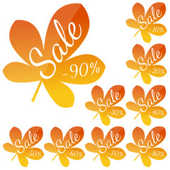 Set of autumn yellow-red leaves with inscription "Sale". Discounts from 10 to 90 percent. Vector illustration. 
