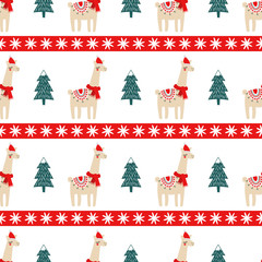 Christmas tree and cute lama with xmas hat seamless pattern. Vector xmas illustration for kids. Sweater style design for fabric, wallpaper, textile, wrapping paper and decor. - 180726903