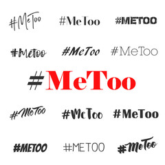 Hashtag Me too, vector overlay set. Various fonts text illustration on white background as trending social-media movement against sexual harassment 