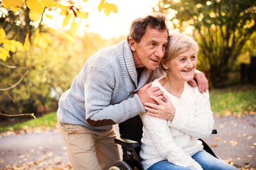 Fototapeta premium Senior couple in wheelchair in autumn nature.