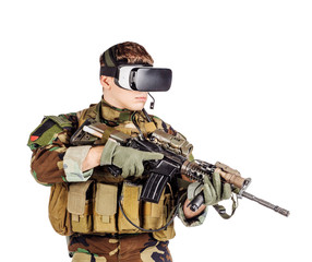soldier wearing virtual reality glasses.