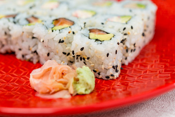 Japanese food Sushi Roll Maki of Salmon and avocado
