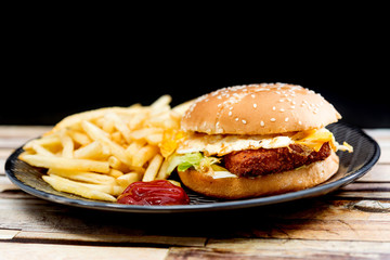American fish burger with Golden French fries