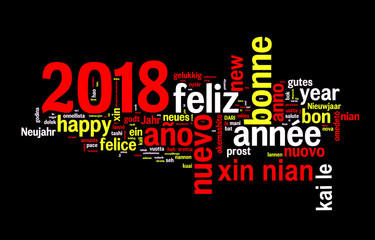 2018 word cloud on black background, new year translated in many languages